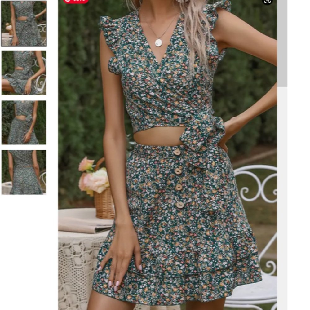 New Green Ruffle Floral Crop Top and Skirt 2PCS Set